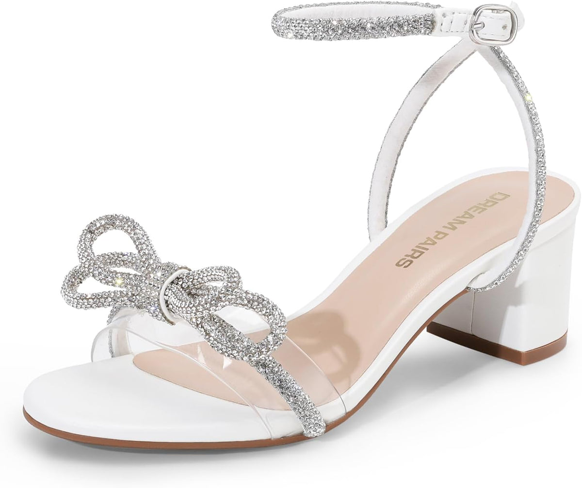 DREAM PAIRS Women's Double Bowknots Crystal Sandals Low Chunky Heels Clear Slingback Dress Shoes for Wedding Bridal Party MegaBDM