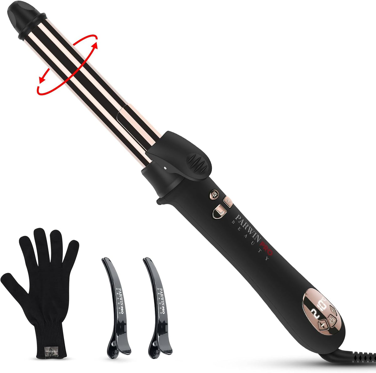 360° Rotating Automatic Hair Curler, PARWIN PRO BEAUTY 25MM Hair Curling Wand, Nano Titanium Coating Curling Tongs, Rotating Curling Iron with LCD Display, 120-210℃ MegaBDM