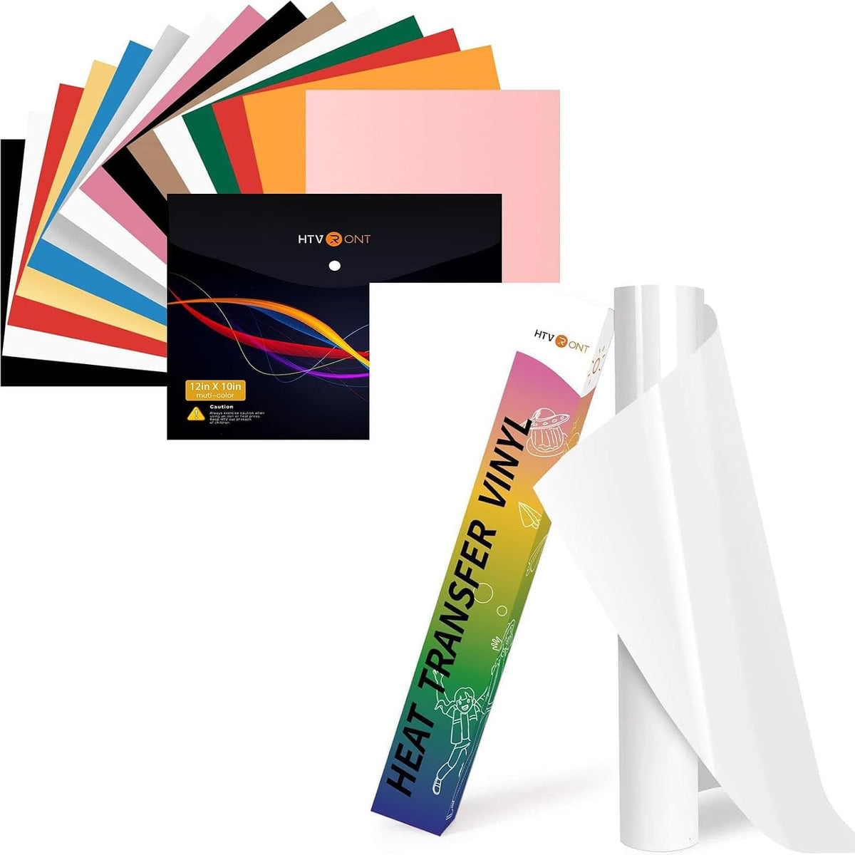 HTVRONT Heat Transfer Vinyl - 12" x 10"(30.5 x 25.4 CM) 15 Sheets HTV Vinyl（PU）+ HTVRONT Heat Transfer Vinyl - 12In x 8ft(30.5 x 244 CM) White HTV Vinyl Roll MegaBDM