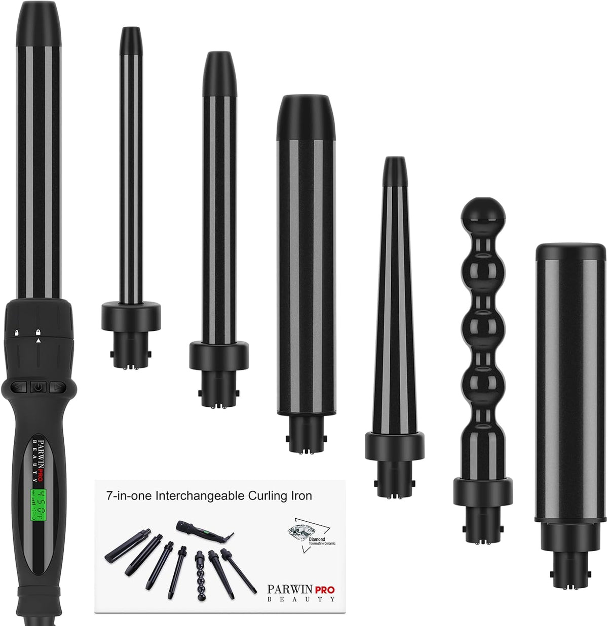 PARWIN PRO BEAUTY 7 in 1 Curling Iron Wand Set,Dual Voltage Curling Wand with 7 Interchangeable Diamond Ceramic Hair Curler Wands with LCD Temperature Control Auto Shut Off Black MegaBDM