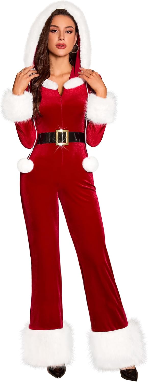 RSLOVE Santa Costume Adult Women - Red Velvet Christmas Outfit Onesie with Faux Fur Trim and Belt MegaBDM