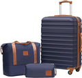 COOLIFE Suitcase Set 3 PCS - 24" Hard Shell Lightweight ABS Luggage + Travel Bag & Toiletry Bag, Medium Suitcase with TSA Lock, 360° Wheels for Travel, Airline & Cruise, Business Trip Blue/Brown MegaBDM