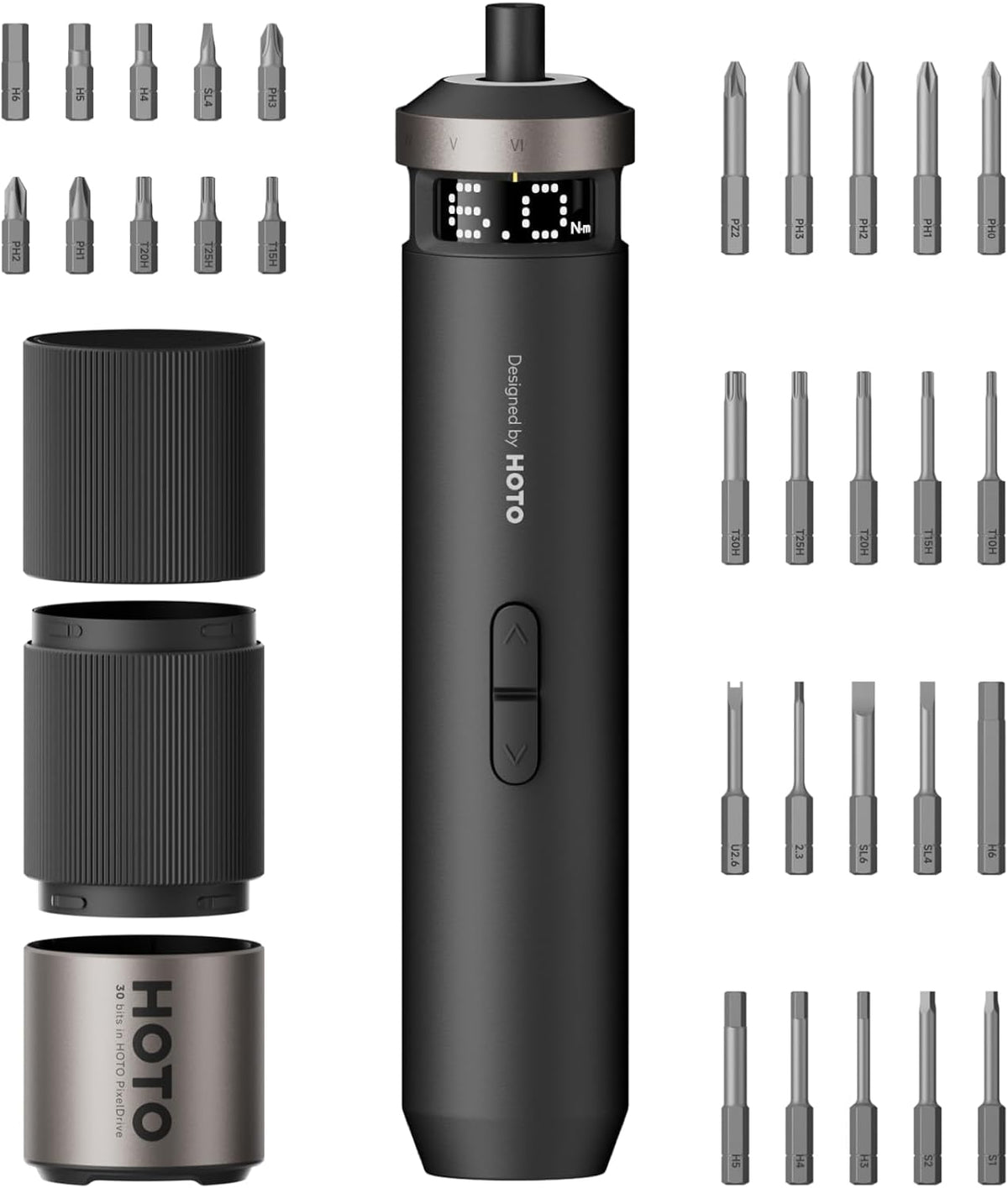 HOTO PixelDrive Electric Screwdriver, Smart Display, 6 Torque Settings, 0.5 to 6 N·m, 1/4'' Hex 30 Bits, LED Light, 2000 mAh Rechargeable Cordless Screwdriver Set for Gadget Tweaks, Home Repair MegaBDM