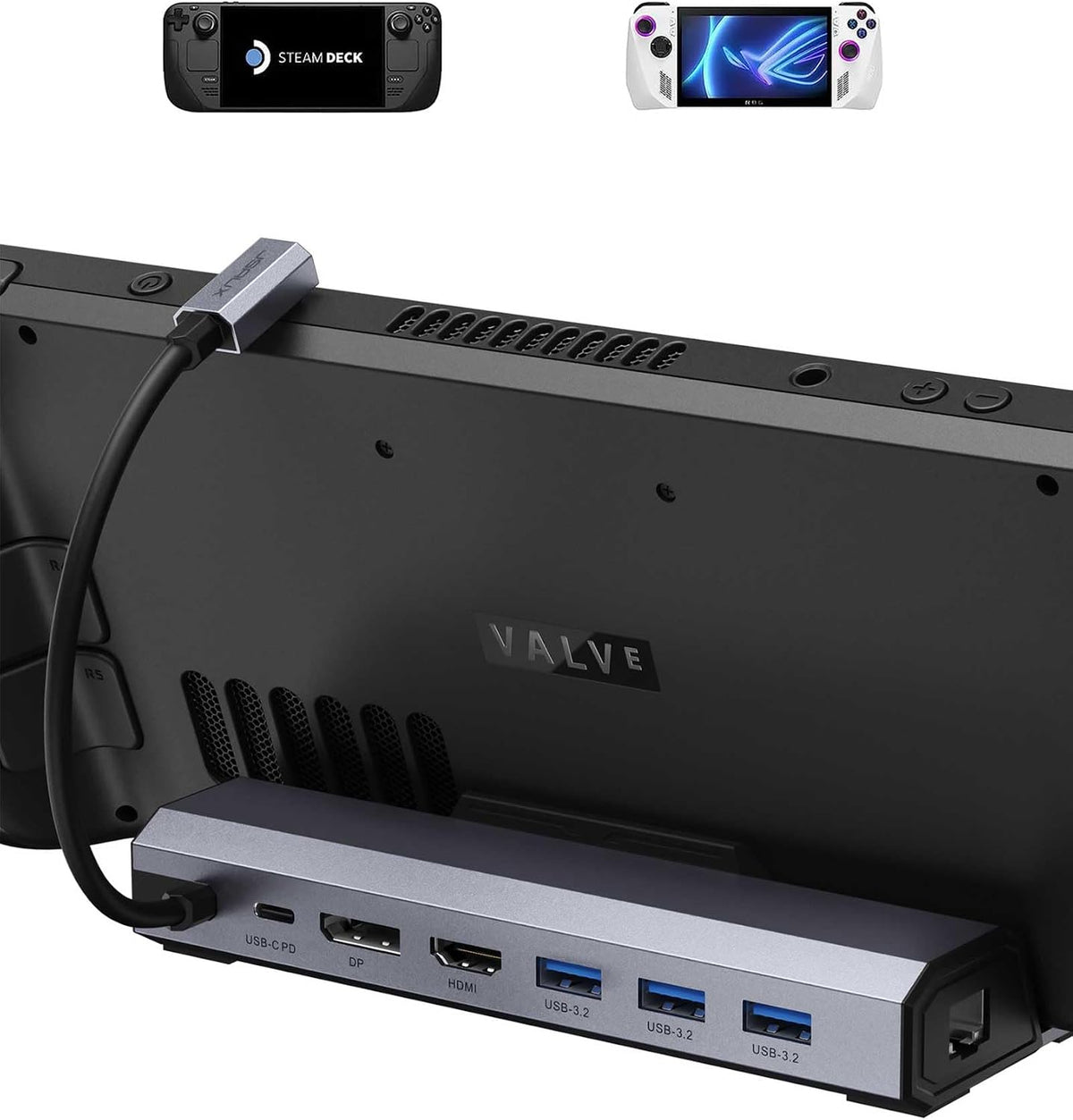 JSAUX Docking Station for Steam Deck/Rog Ally/Legion Go, 7-in-1 Steam Deck Dock with HDMI 4K@60Hz, DisplayPort, Gigabit Ethernet, USB A 3.2 and 100W Charge Compatible with Steam Deck OLED-HB0702 MegaBDM