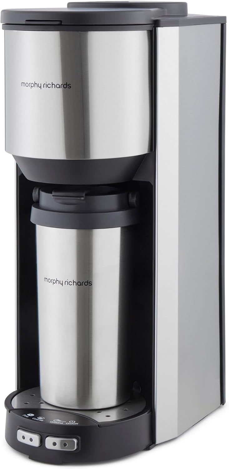 Morphy Richards Tazza Pour & Go, Single Cup Coffee Machine, Includes Travel Mug, Bean To Cup, 35g Integrated Grinder, Easy Operation, Coffee On The Go, 900W, Stainless Steel, 162105 MegaBDM