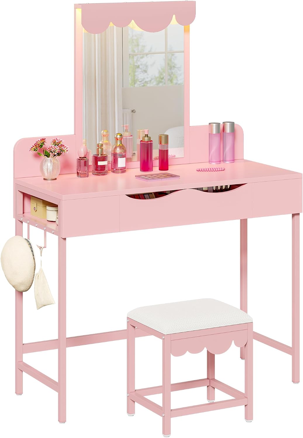 YITAHOME Cloud-Design Vanity Dresser with Illuminated Mirror - Adjustable 3-Tone Dimmable LED Makeup Table, Featuring Storage Drawer, Side Organizers, Ideal for Bedroom or Bathroom, Pink MegaBDM