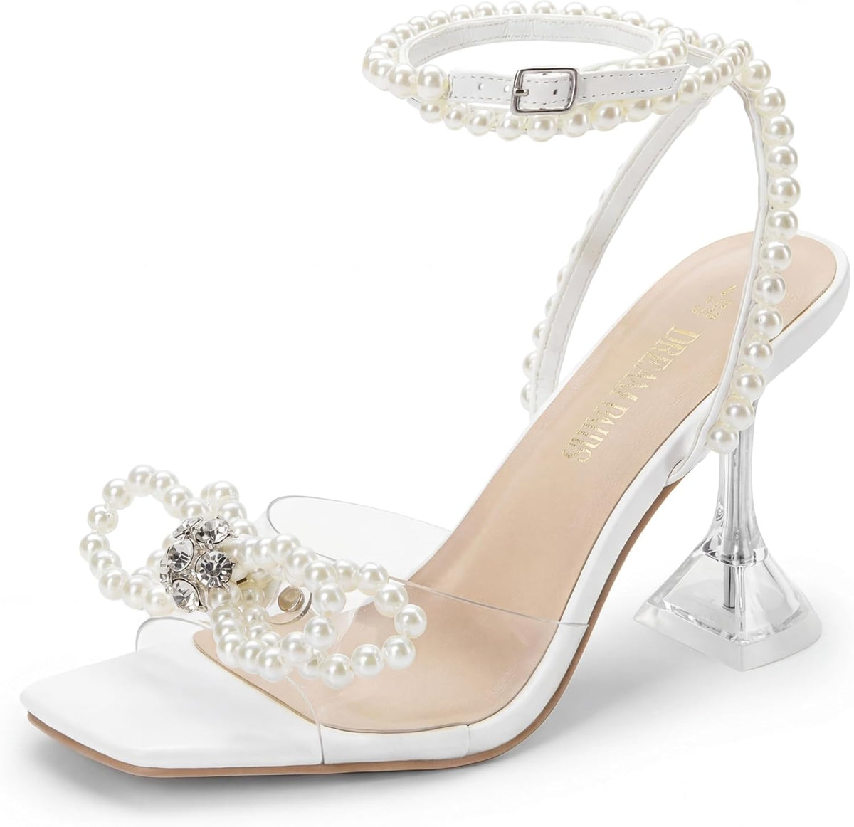 DREAM PAIRS Stiletto Bow Heels for Women Strappy Sparkly Rhinestone Square Toe Clear Crystal High Sandals for Party Wedding MegaBDM