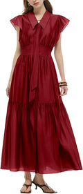 GOELIA Women Summer Dresses Casual Lapel Neck Ruffle Cap Sleeve Tencel Blend Maxi Dress with Sash Wedding Guest Dresses MegaBDM