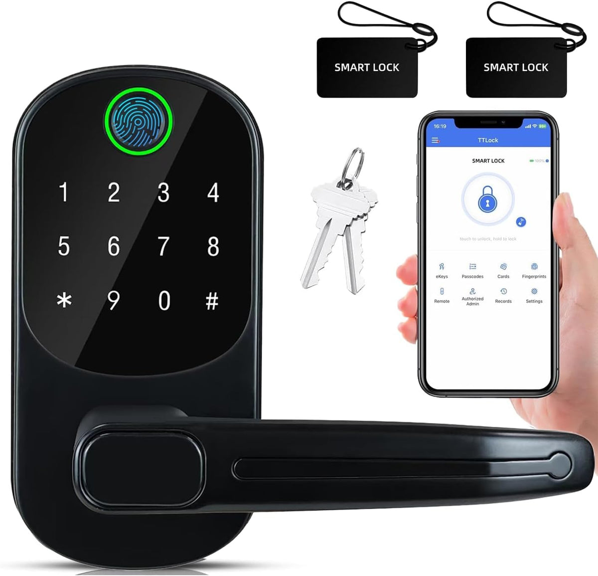 Smart Door Lock, 10 in 1 Fingerprint Door Lock, Electronic Keyless Entry Handle with Bluetooth, Biometric Fingerprint and Touch Digital Keyboard, TTLOCK MegaBDM