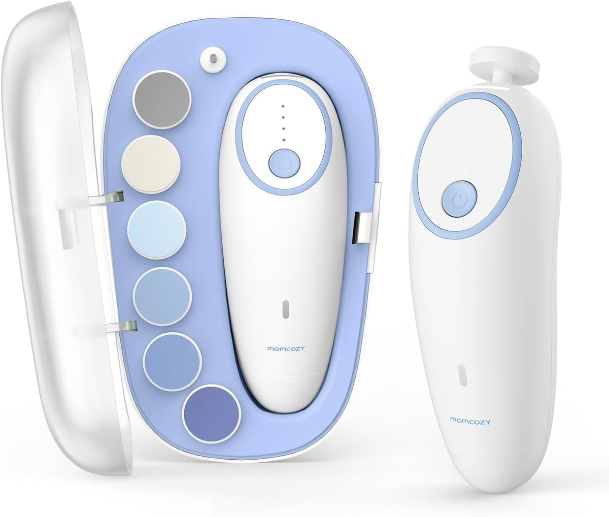 Momcozy Baby Nail File Electric, Gentle Baby Nail Trimmer Electric Rechargeable, Baby Nail Clipper Electric, 360° Fog LED Gentle Light, 7 Grinding Head Replacement Pads,Blue MegaBDM