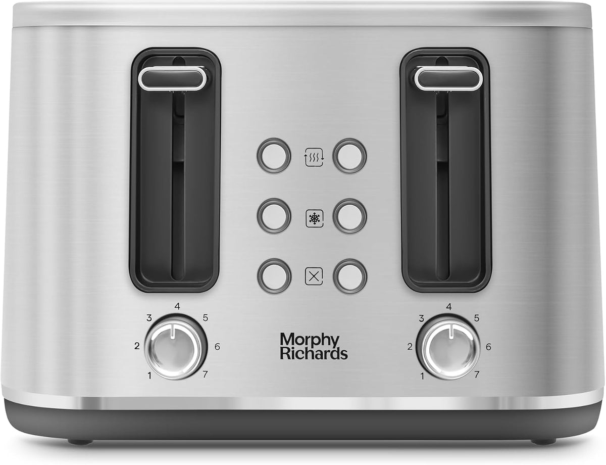 Morphy Richards Motive 4 Slice Toaster, Browning Controls, Reheat, Cancel and Defrost Settings, Bread Lever, Removable Crumb Tray, Electromagnet Cover, 1600W, Brushed Steel, 242800 MegaBDM