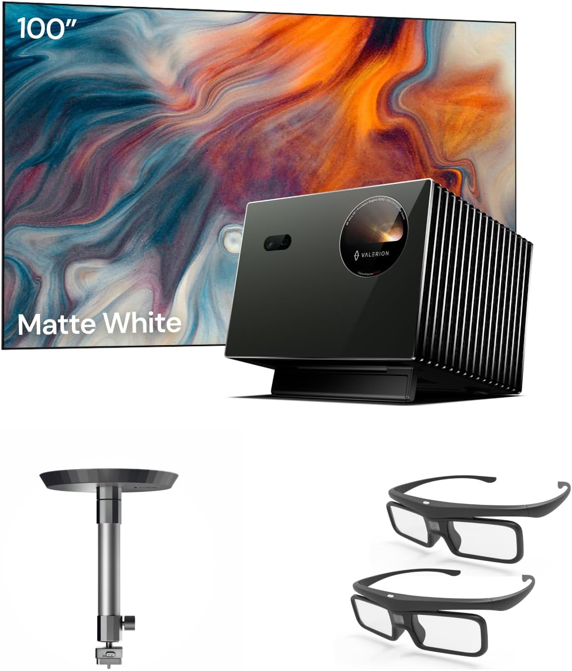 Home Theater Bundle - Includes Valerion Pro2 4k Projector + 100" Matte White Screen + Ceiling Mount Bracket + 3D Glasses MegaBDM