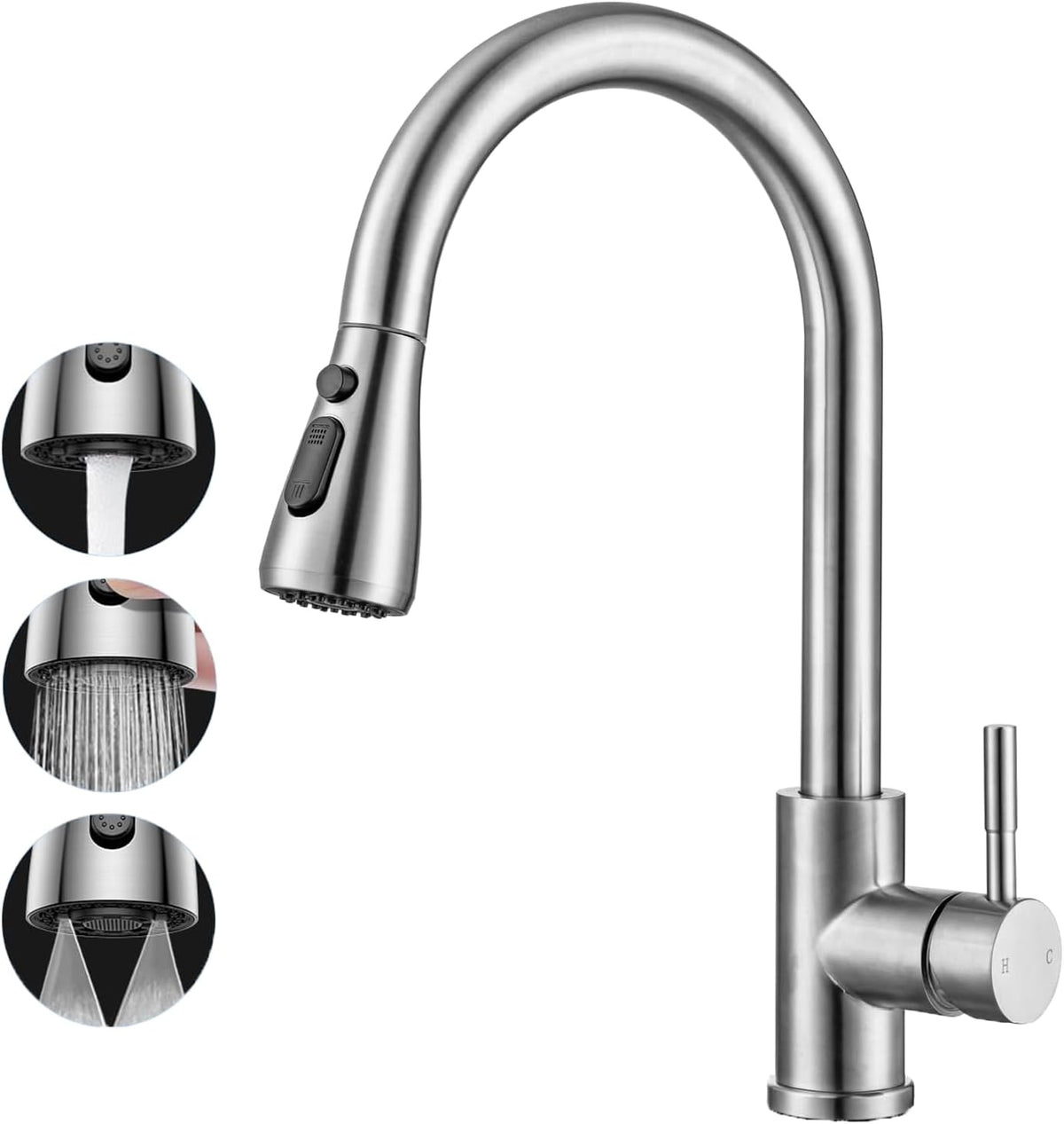 TEKXDD Kitchen Sink Taps with Pull Down Sprayer, Mixer Tap, Kitchen Taps with Pull Out Spray, Kitchen Sink Single Level Solid Brass Pull Out Tap with UK Standard Fittings MegaBDM