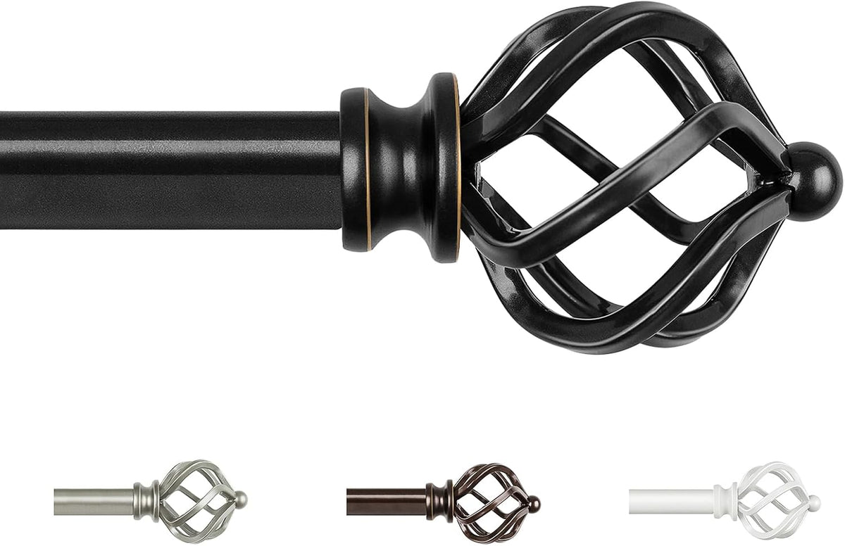 KAMANINA Extendable Curtain Poles 80-300 cm, Black Curtain Pole for Bedroom | Adjustable Curtain Pole, Wall Mounted, Metal, 19 mm Diameter, Load 10 KG, with Twisted Cage Finials, Easy Installation MegaBDM