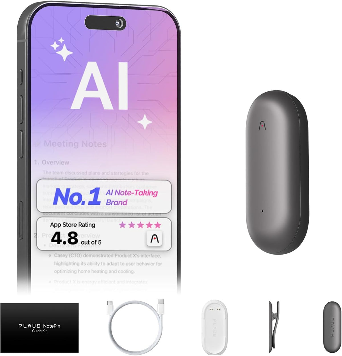 AI Voice Recorder, PLAUD NotePin Voice Recorder, App Control, AI Notetaker, AI Transcribe & Summarize, Support 112 Languages, 64GB Memory, Audio Recorder for Lectures, Meetings, Cosmic Gray MegaBDM