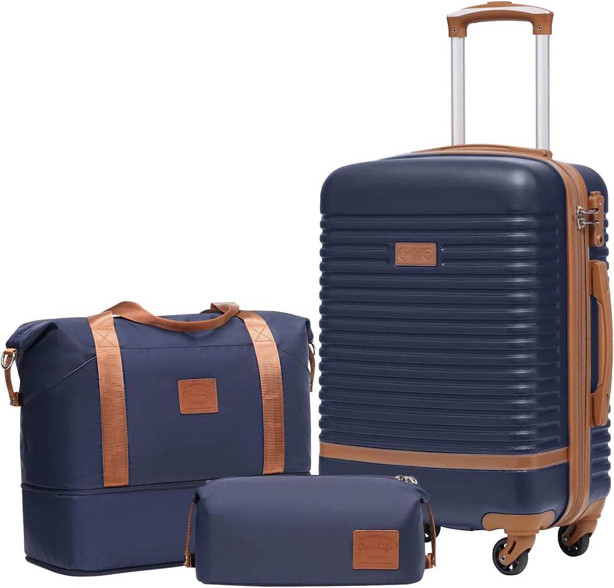 COOLIFE Suitcase Set 3PC - 20" Lightweight ABS Hard Shell Luggage + Travel Bag， Small Suitcase with 360° Wheels, TSA Locks for Family Travel, Cruise & Long Trips Blue/Brown MegaBDM