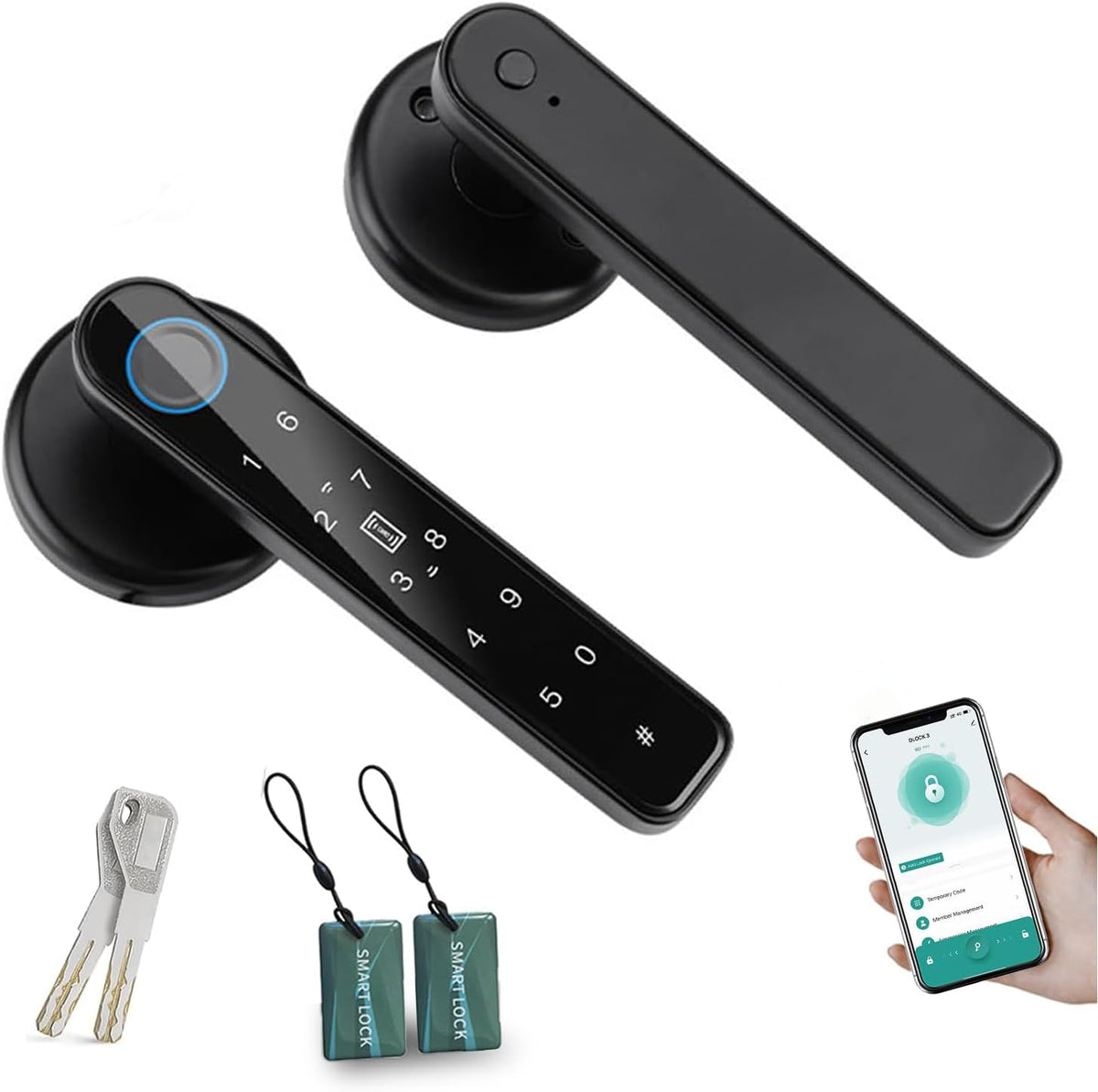 TEKXDD Smart Door Lock, 6-in-1 Door Handle Electronic Keyboard Password/APP/IC Card/Fingerprint/Keys/NFC Smart Lock Biometric Identification Key Digital Electronic Door Home Office Apartment MegaBDM