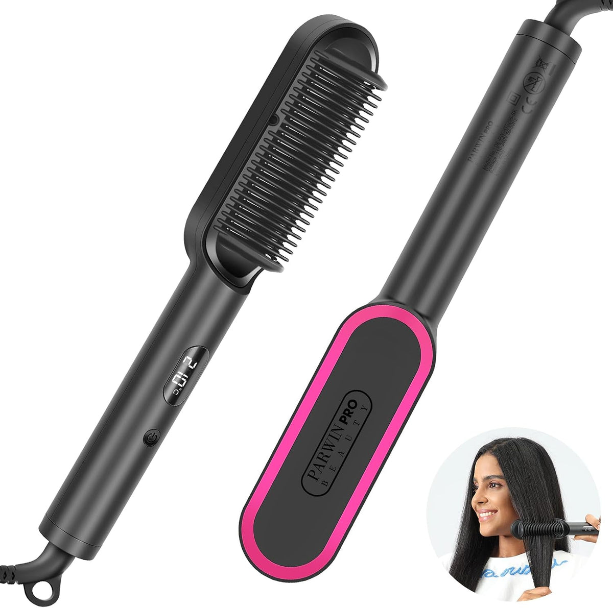 2 in1 Ionic Hair Straightener Brush, PARWIN PRO BEAUTY Hair Straightener Brush with 20s Fast Heating, Anti-Scald Design, 4 Heating Settings & LED Display, Keratin Ceramic Coating, Dual Voltage MegaBDM