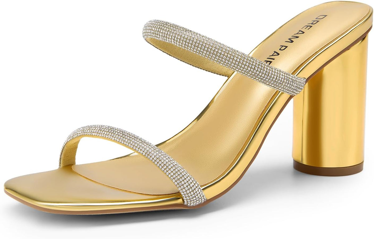 DREAM PAIRS Women's Square Open Toe Block Heels Two Strap Slip On High Heeled Slides Sandals MegaBDM