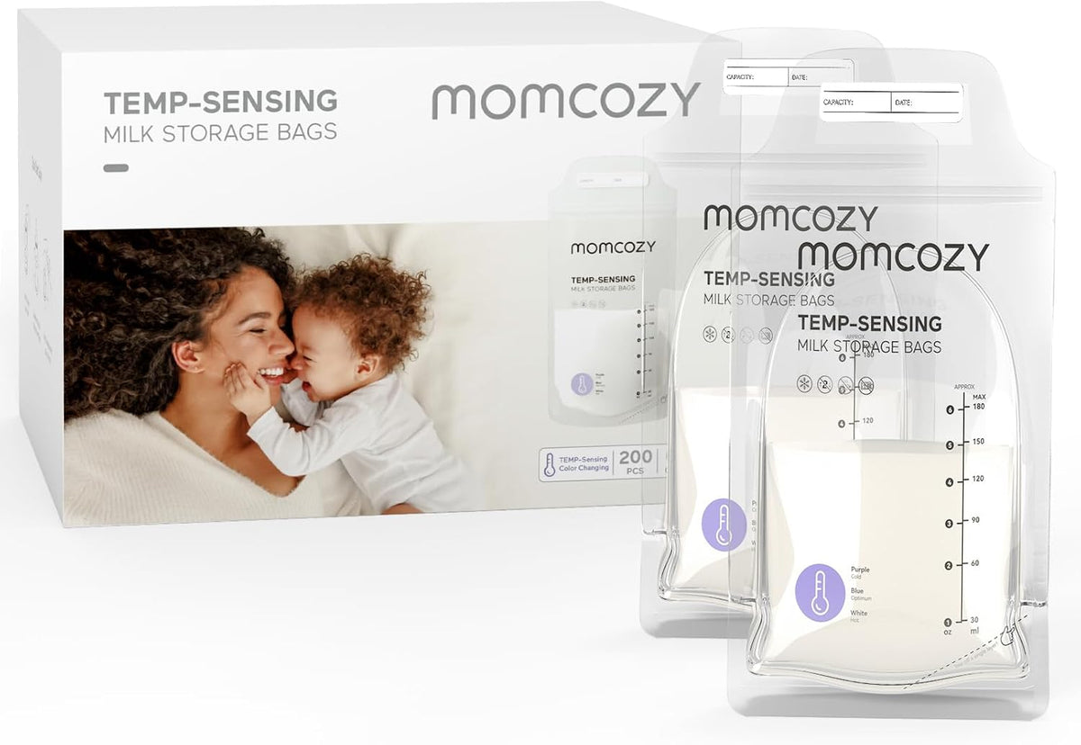 Momcozy Breastmilk Storage Bags, 200PCS Value Pack, Temp-Sensing Discoloration Milk Storing Bags for Breastfeeding, Presterilized, Hygienically Doubled-Sealing, for Freezing, 6 Ounce MegaBDM