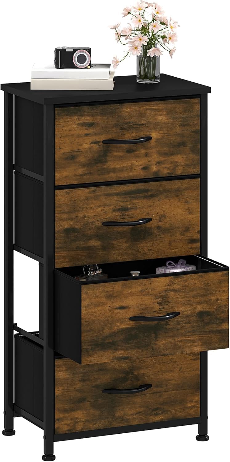 DWVO Chest of Drawers, 4 Fabric Drawers Bedroom Cabinet,Dresser for Bedroom,Living Room With Handles,Wood Top and Sturdy Steel Frame,Rustic Brown MegaBDM