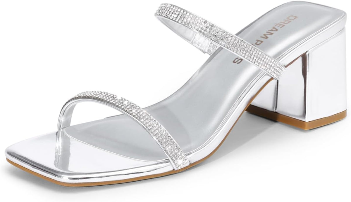 DREAM PAIRS Sandal Heels for Women Low Square Open Toe Block Chunky Heels Slip On Slides Mules for Party Homecoming Daily MegaBDM