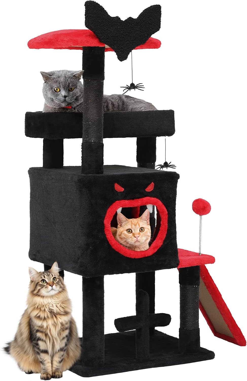 DWVO 111 cm Gothic Indoor Cat Tree with Coffin Bed, Spacious Cat House, Hanging Spider Ball, and Scratching Post, Black, Halloween MegaBDM
