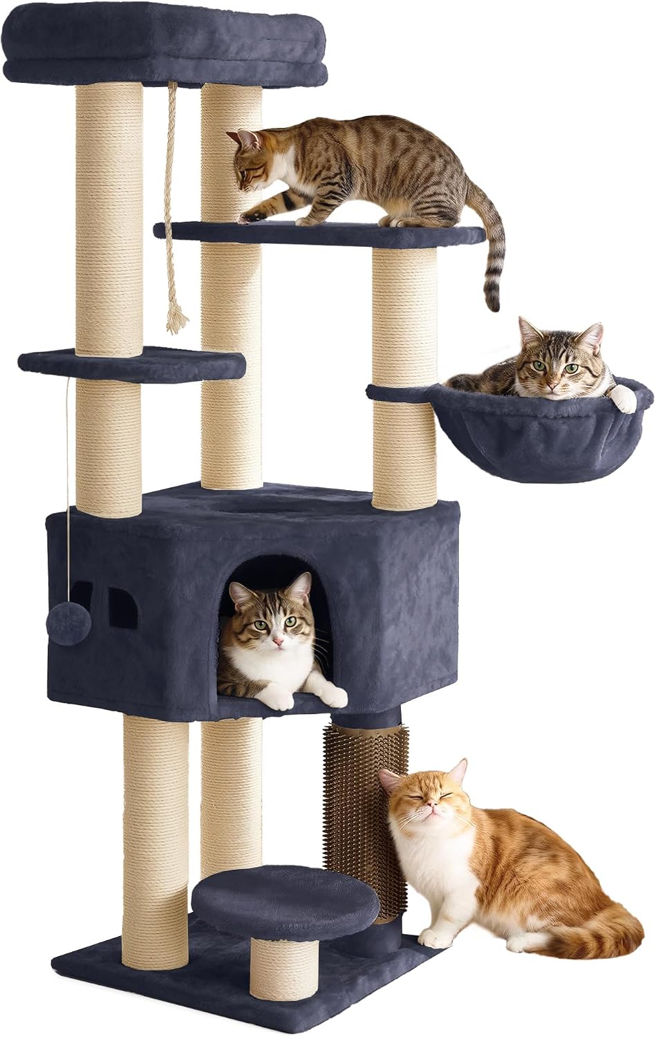 YITAHOME Large Cats Tree Tower, Cat Tree, Cat Brushes, 11 cm Thick Posts, Large Platforms, Plush Cushion, Cave, 50 x 50 x 157 cm, Dark Grey MegaBDM
