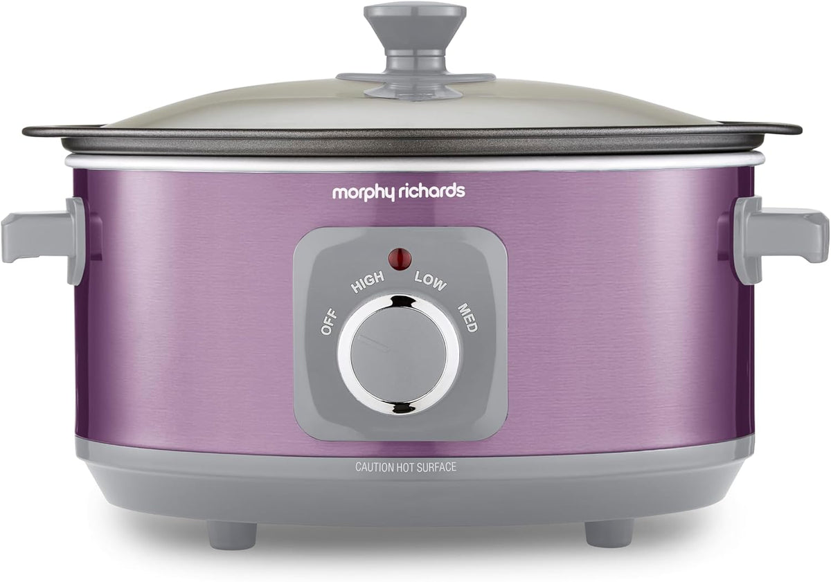 Morphy Richards Accents 3.5L Sear & Stew Slow Cooker, Shatter Resistant Non Stick Aluminium Pot, Single Pot Cooking, Compact, 3 Heat Settings, Hob Proof, Glass Lid, Easy Clean, 163W, Purple, 460024 MegaBDM