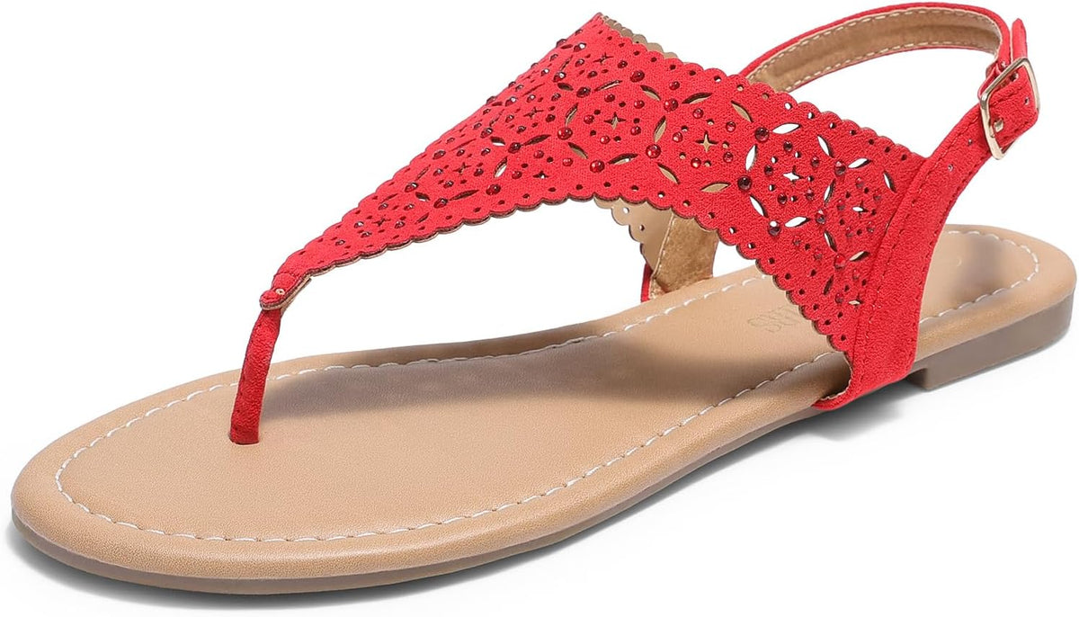 DREAM PAIRS Women's Rhinestone Casual Wear Cute Gladiator Flat Sandals Beach Dressy T-Strap Thong Sandals MegaBDM