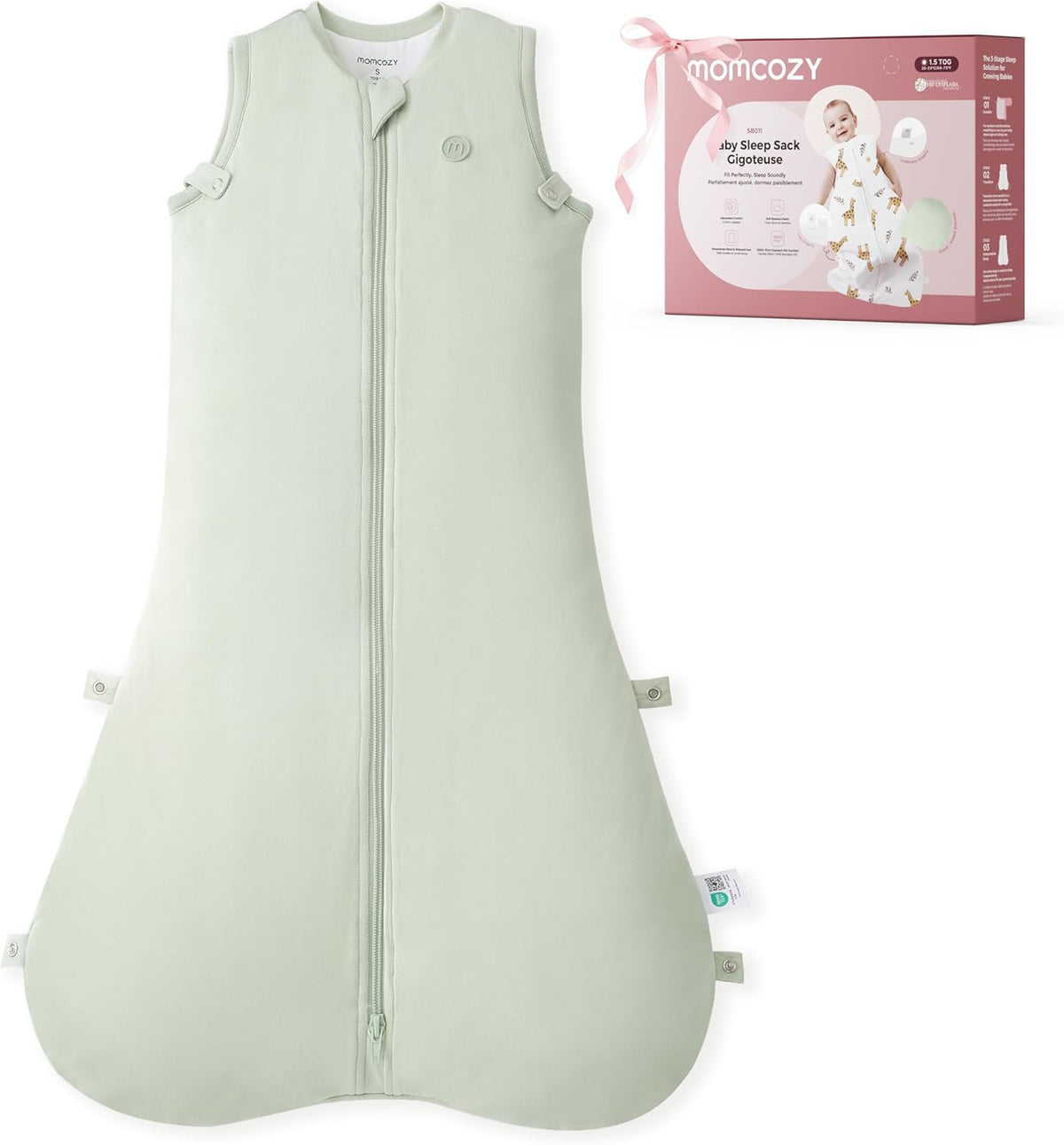momcozy Baby Sleeping Bag 0-6 Months, 1.5 TOG Sleep Sack with Snap-Fit Adjustable Design, Two-Way Zip, Soft Bamboo Fabric, Green, S MegaBDM