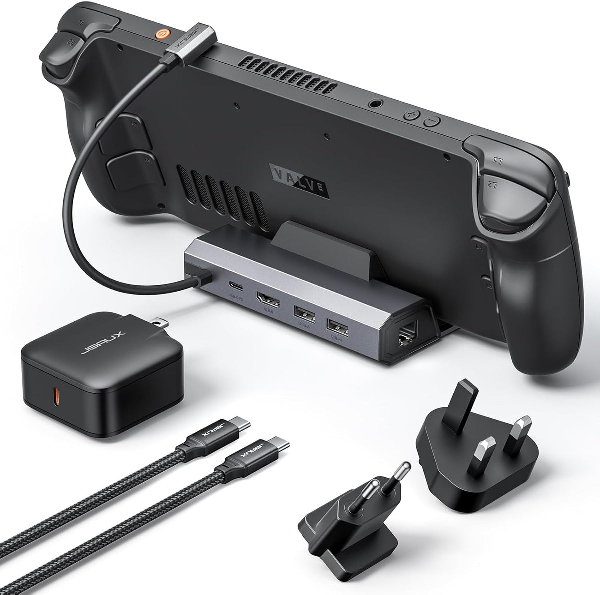 JSAUX Docking Station and 65W Charger Compatible with Steam Deck OLED/ROG Ally X/Legion Go (S), 5-in-1 Dock with HDMI 4K@120Hz, 100Mbps Ethernet, Dual USB 2.0 and 100W Charge-HB0602 MegaBDM