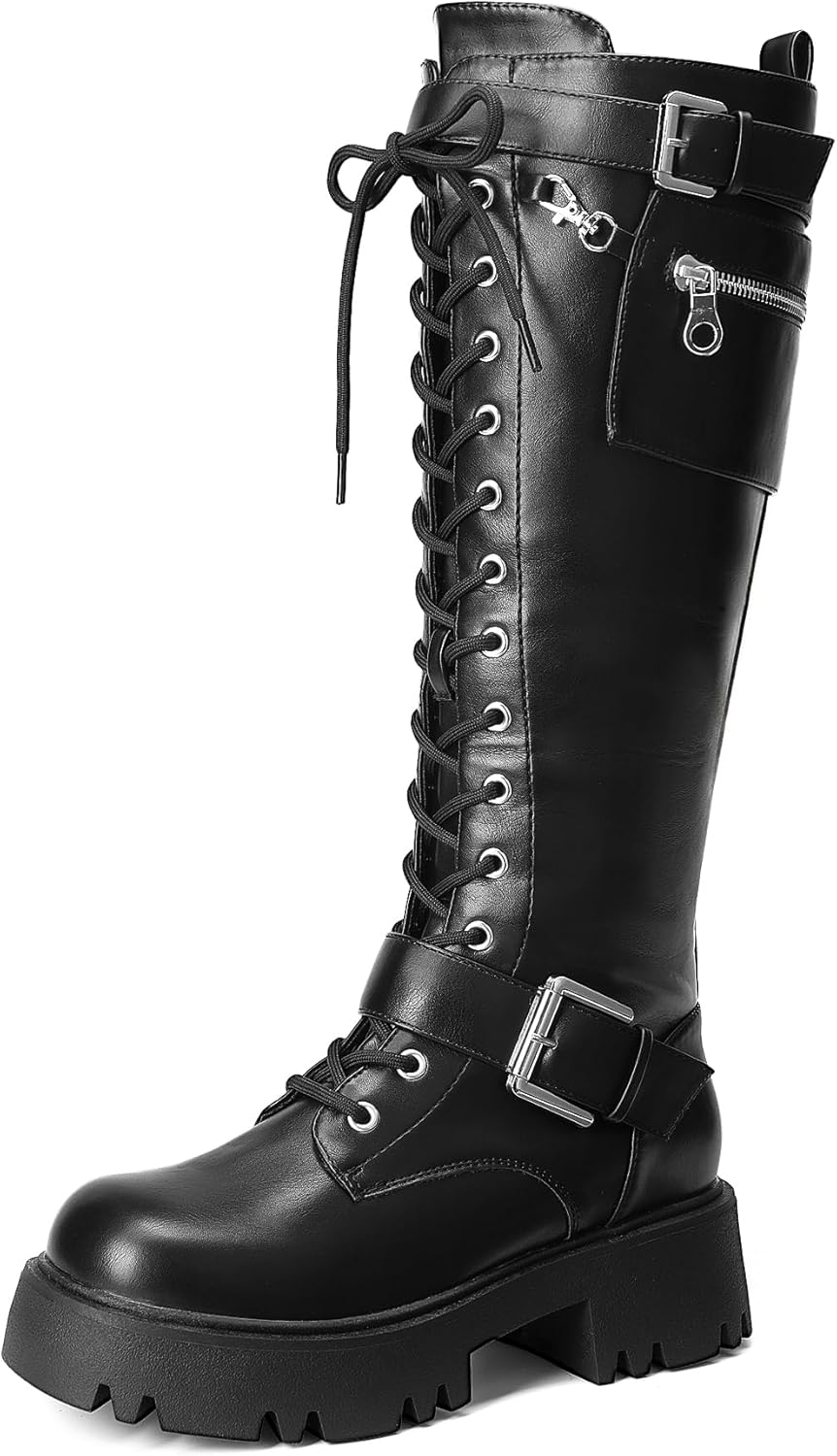 DREAM PAIRS Women's Combat Riding Platform Knee High Boots, Lace Up Fall Lug Sole Gothic Motorcycle Boots with Inside Zipper MegaBDM