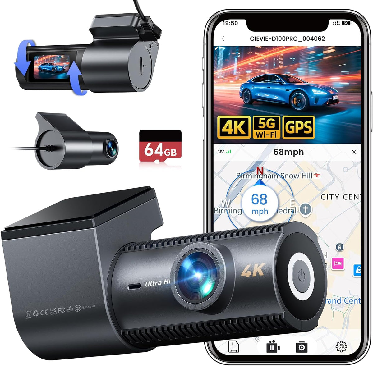 4K Dash Cam Front and Rear with GPS, 64GB SD Card, 5GWi-Fi, Loop Recording | Car Camera with 1.5-Inch IPS Screen, 24H Parking Mode, WDR Night Vision, 170° Wide-Angle Coverage, G-Sensor and App Control MegaBDM