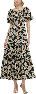 GOELIA Women Summer Dresses Casual Cotton Puff Sleeve Stretch Smocked Floral Print Sundresses Flowy Wedding Guest Dresses MegaBDM