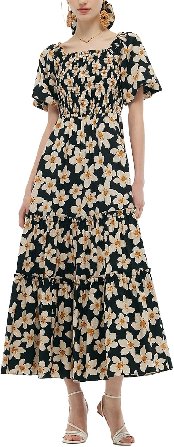 GOELIA Women Summer Dresses Casual Cotton Puff Sleeve Stretch Smocked Floral Print Sundresses Flowy Wedding Guest Dresses MegaBDM