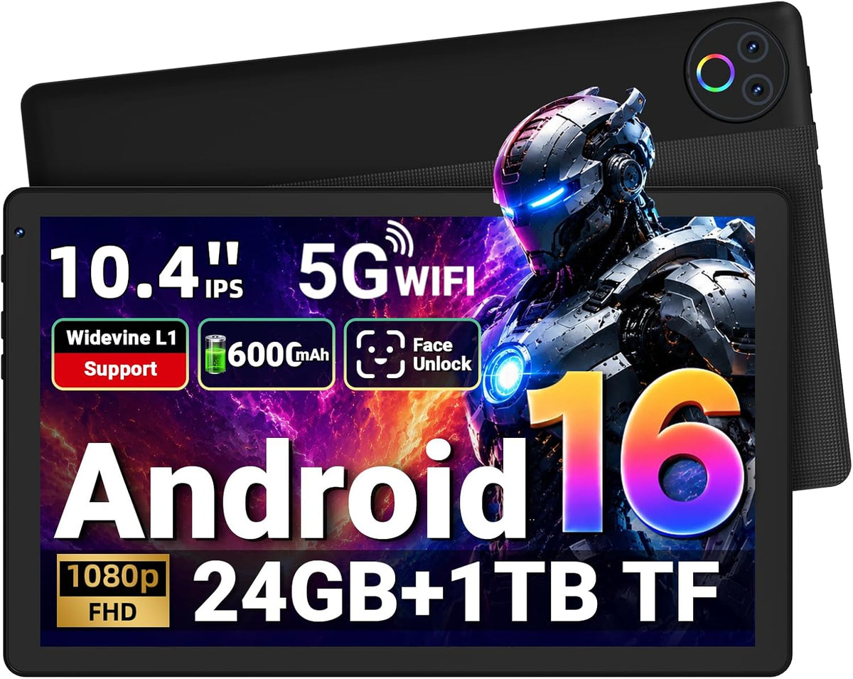 Gleeso Tablet｜Android 16 Tablet 10 Inch｜24GB RAM 1TB TF Android Tablets with 6000mAh｜Face Unlock｜Widevine L1｜BT 5.4/5G WiFi｜8MP Dual Camera, OTG Tablet PC - Black MegaBDM