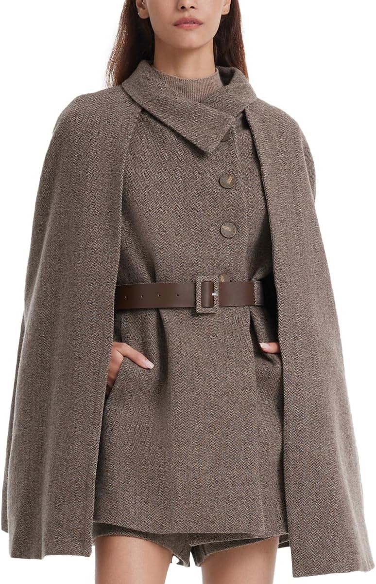 GOELIA Womens Winter Washable Wool Cloak Coats And Flap Neck Button Vest Two-Piece Set with Belt Plus Size Coat Outerwear MegaBDM