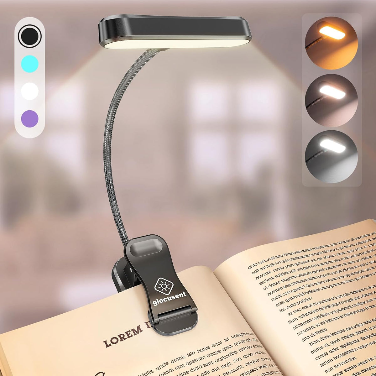 Glocusent Book Light Reading Lights for Books in Bed, Eye Caring Clip on Reading Light, 3 Colours & 5 Brightness, Rechargeable & Long Lasting, 1.4Oz Crafts Light for Cross Stitch & Embroidery MegaBDM