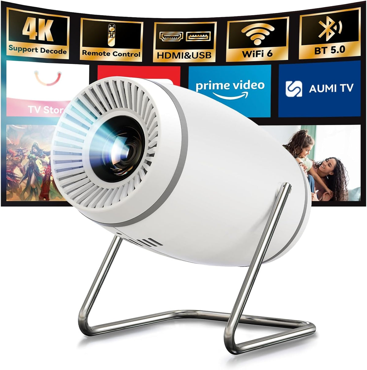 Mini Projector with WiFi 6 and Bluetooth 5.0, Portable Smart Projector 4K 1080P Supported, Auto Keystone Video Projector for Bedroom Home Outdoors (White) MegaBDM