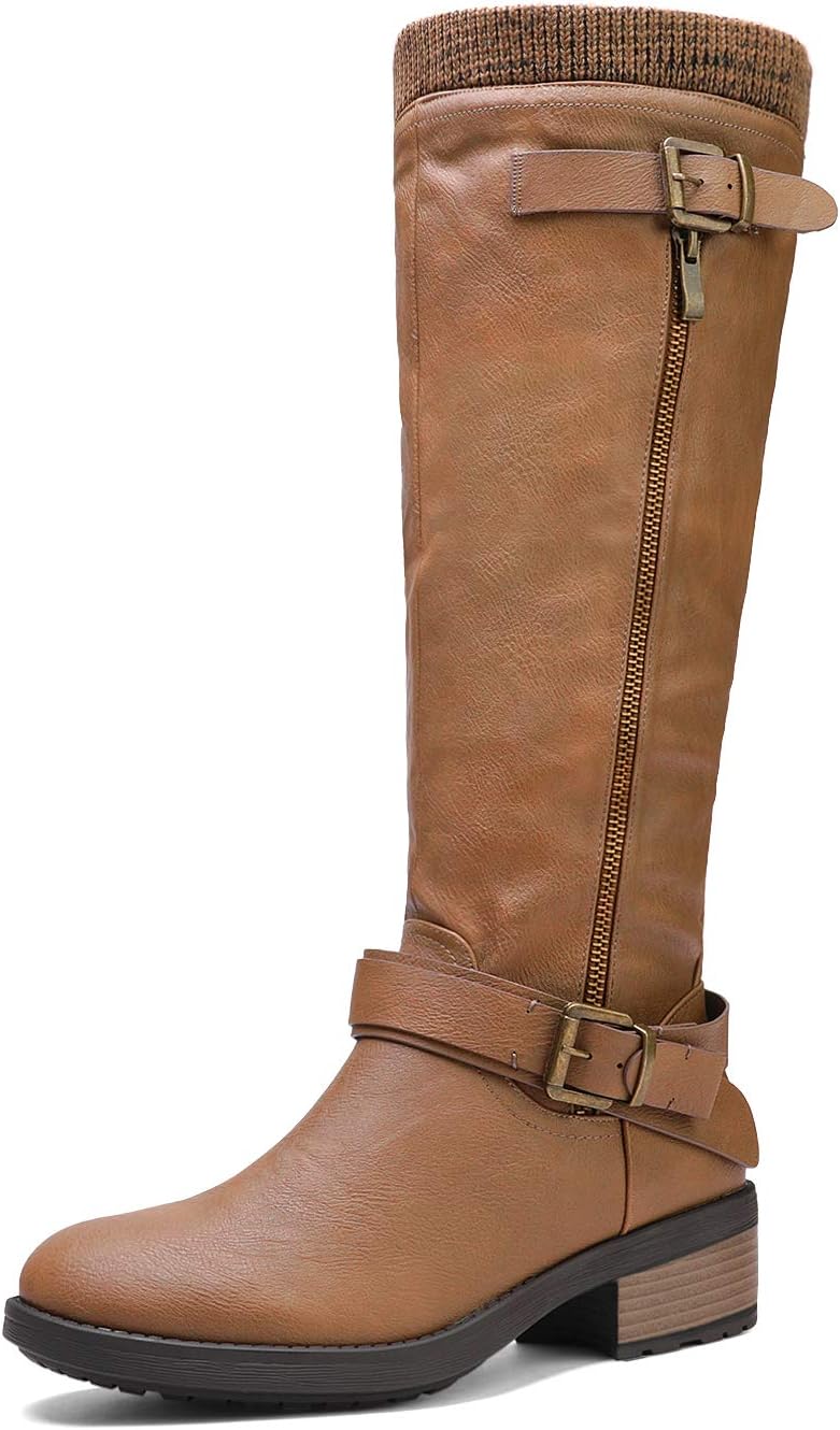 DREAM PAIRS Women's Turtle Camel Knee High Motorcycle Riding Winter Boots Wide Calf Size 9 M US MegaBDM