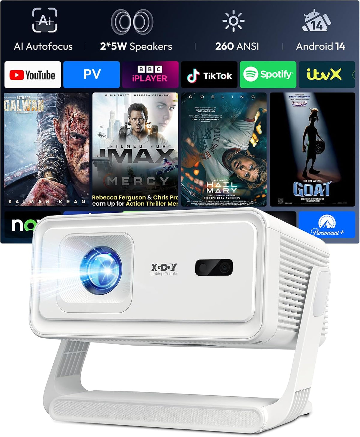 【AI Auto Focus & 2×5W Stereo Sound】Xgody Mini Projector with Android 14, 260ANSI 4K/8K Supported Smart Projector, Bulit-in Apps, Auto Keystone, WiFi6, Bluetooth 5.4, Screen Mirroring for iOS/Android MegaBDM