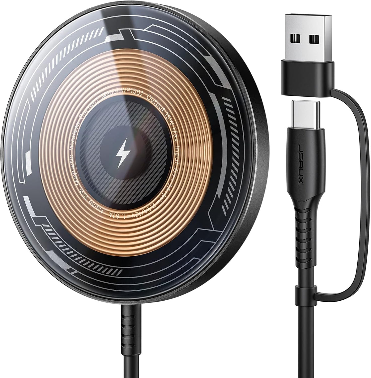 JSAUX Wireless Charger for iPhone 17 MagSafe Charger, Magnetic Charger for iPhone 17 Air Pro Max/16/15/14/13/12 Series/Airpods, Mag Wireless Charging Pad(Clear-Black) MegaBDM