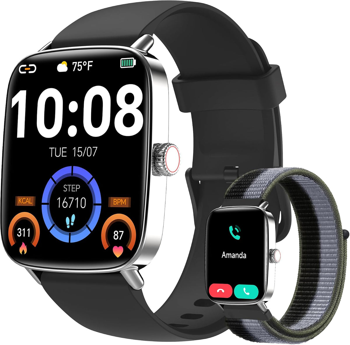 Smart Watch for Men Women, [1.85"HD Screen] Answer/Make Calls, Ladies Smart Watches for Samsung/Android/iPhone, Fitness Watch with Heart Rate Sleep SpO2 Monitor,Dynamic Watch Faces 60FPS-Black MegaBDM