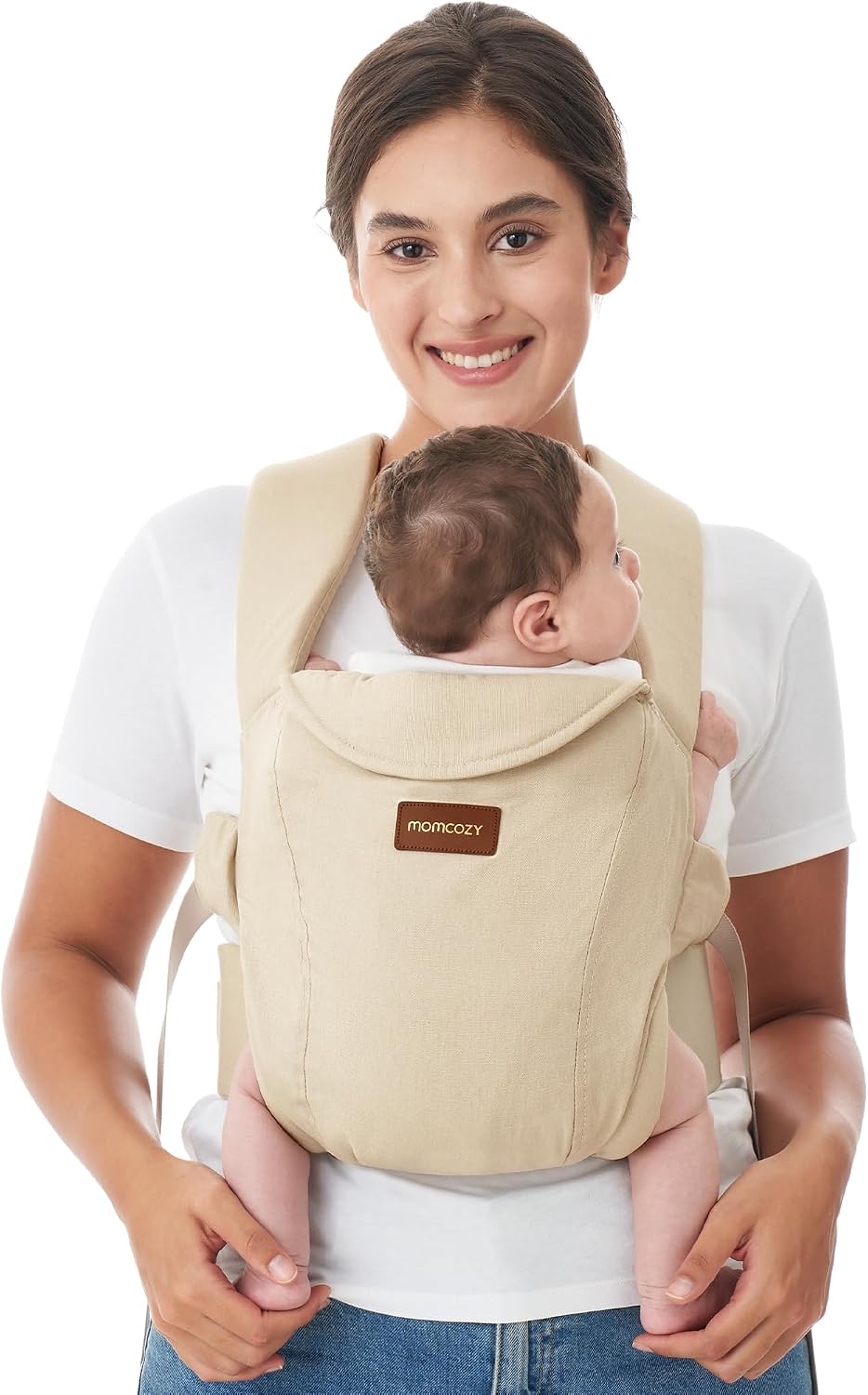 Momcozy Newborn Carrier WeeSnug- Lightweight and Cozy Comfort for 3.2-11.3kg, Ergonomic Cross-Back Support, Effortless to Put On, Hands-Free Baby Carrier with Lumbar Support, Khaki MegaBDM