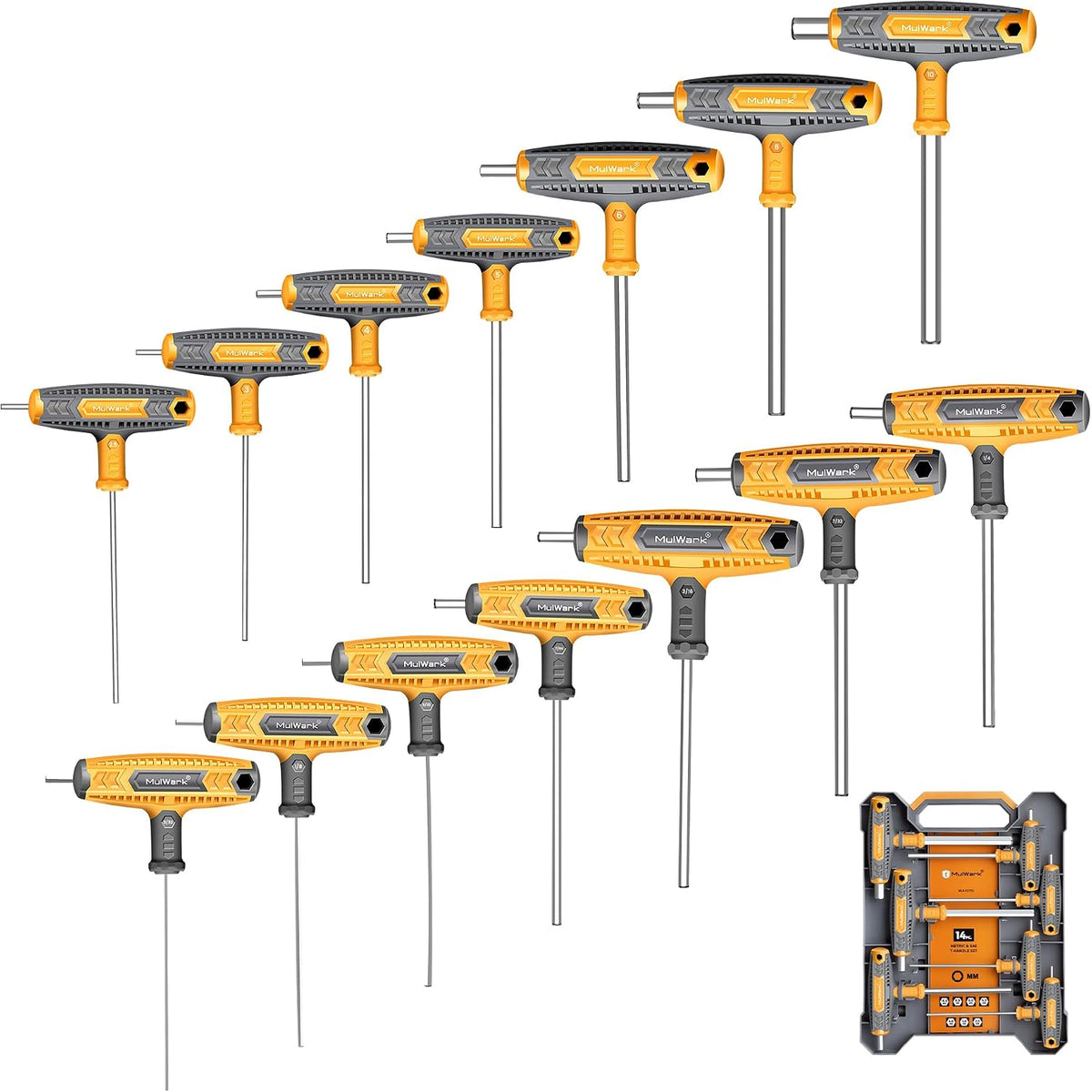MULWARK 14 PC T-Handle Allen Wrench Set Metric and Standard with T Handle Hex Key and Long Hex Driver Set | Wall-Mounted Storage Box, Clear Marking, Two-Tip Design, and Chamfered Tips MegaBDM