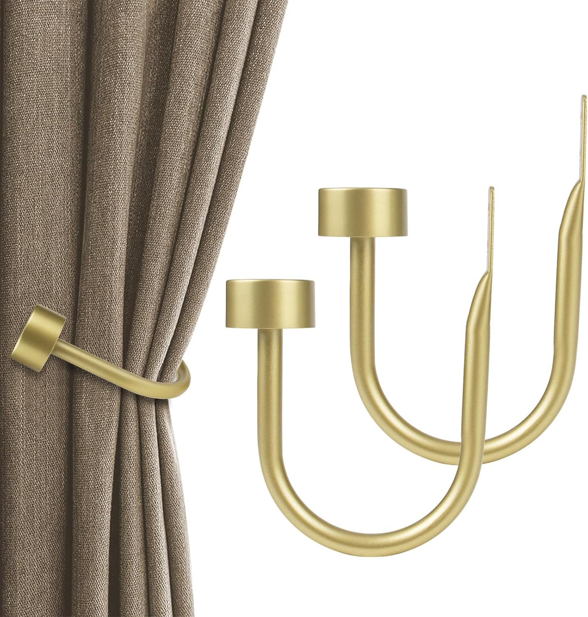 KAMANINA 2 Pack Gold Curtain Holdbacks, Wall Mounted Curtain Tie Backs | U-Shaped Curtain Hooks, Metal, Decorative Curtain Tie Backs, Modern Cap Finials, Fixed Curtain Holdbacks, Hanging Items MegaBDM