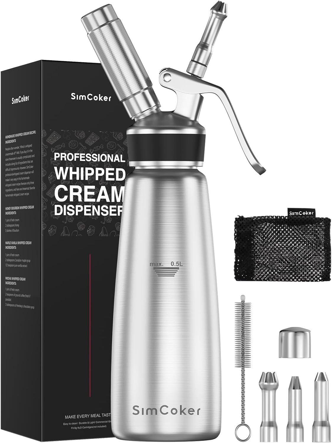 Whipped Cream Dispenser, Stainless Steel Cream Whipper with 3 Nozzles, 1 Brush and 1 Storage Bag, 500 mL, N2O Chargers Not Included, Dishwasher Safe MegaBDM