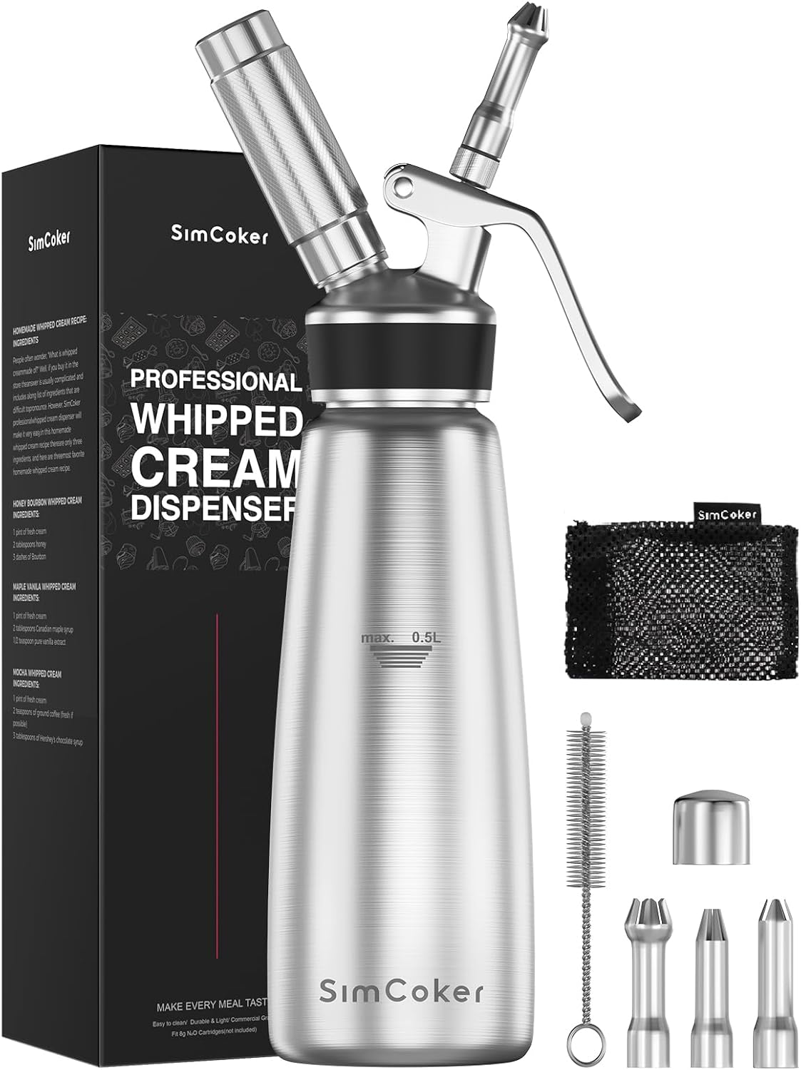 Whipped Cream Dispenser, Stainless Steel Cream Whipper with 3 Nozzles, 1 Brush and 1 Storage Bag, 500 mL, N2O Chargers Not Included, Dishwasher Safe MegaBDM