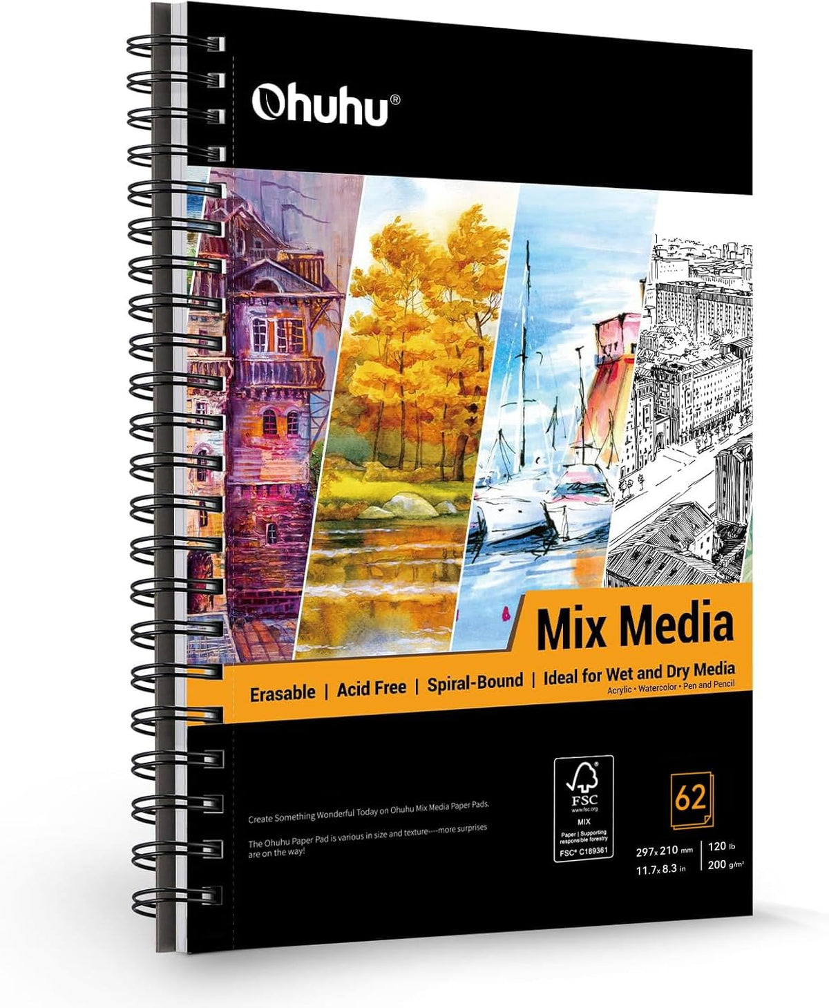 Ohuhu A4 Mix Media Pad Art Sketchbook 62 Sheets for Painting Drawing | 200gsm Acid-Free Paper, Spiral Bound Hardback for Watercolour, Acrylic & Pastels, Wet & Dry Media MegaBDM